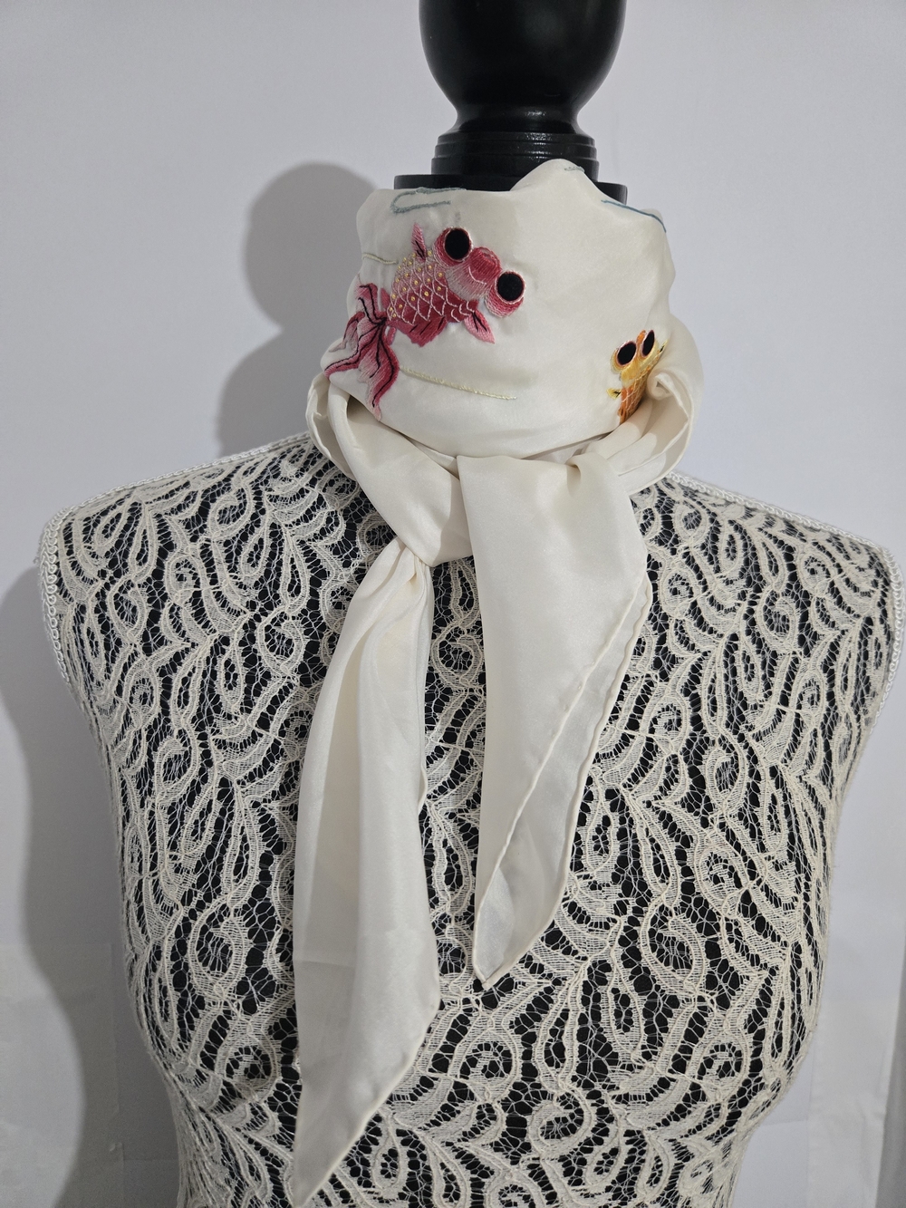 Ivory Silk Scarf with Embroidered Koi Accents - Picture 3 of 7